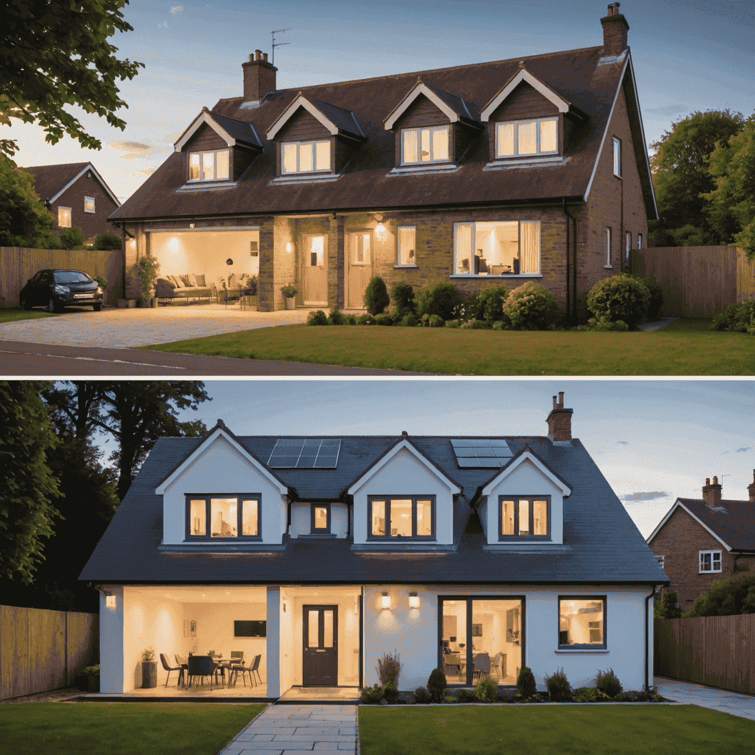 A split-screen image showing a traditional British home's energy usage compared to a smart home with visibly reduced energy consumption graphs and a happier family